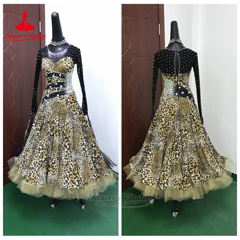 

Роскошные платья для бальных танцев AB Stones с длинными рукавами и леопардовым принтом, жизненная танцовщица, вальс, танго, фокстрот, одежда для выступлений на заказ