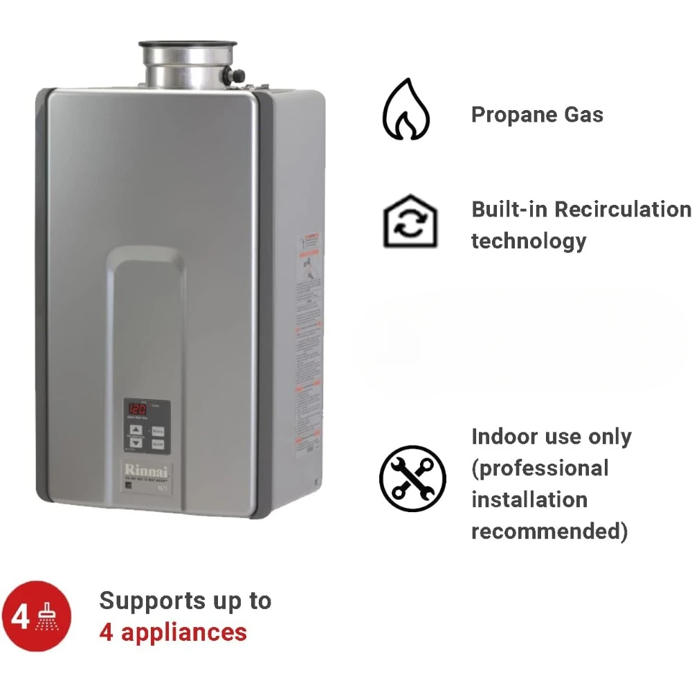 Tankless Hot Water Heater, 7.5 GPM, Propane, Indoor Installation