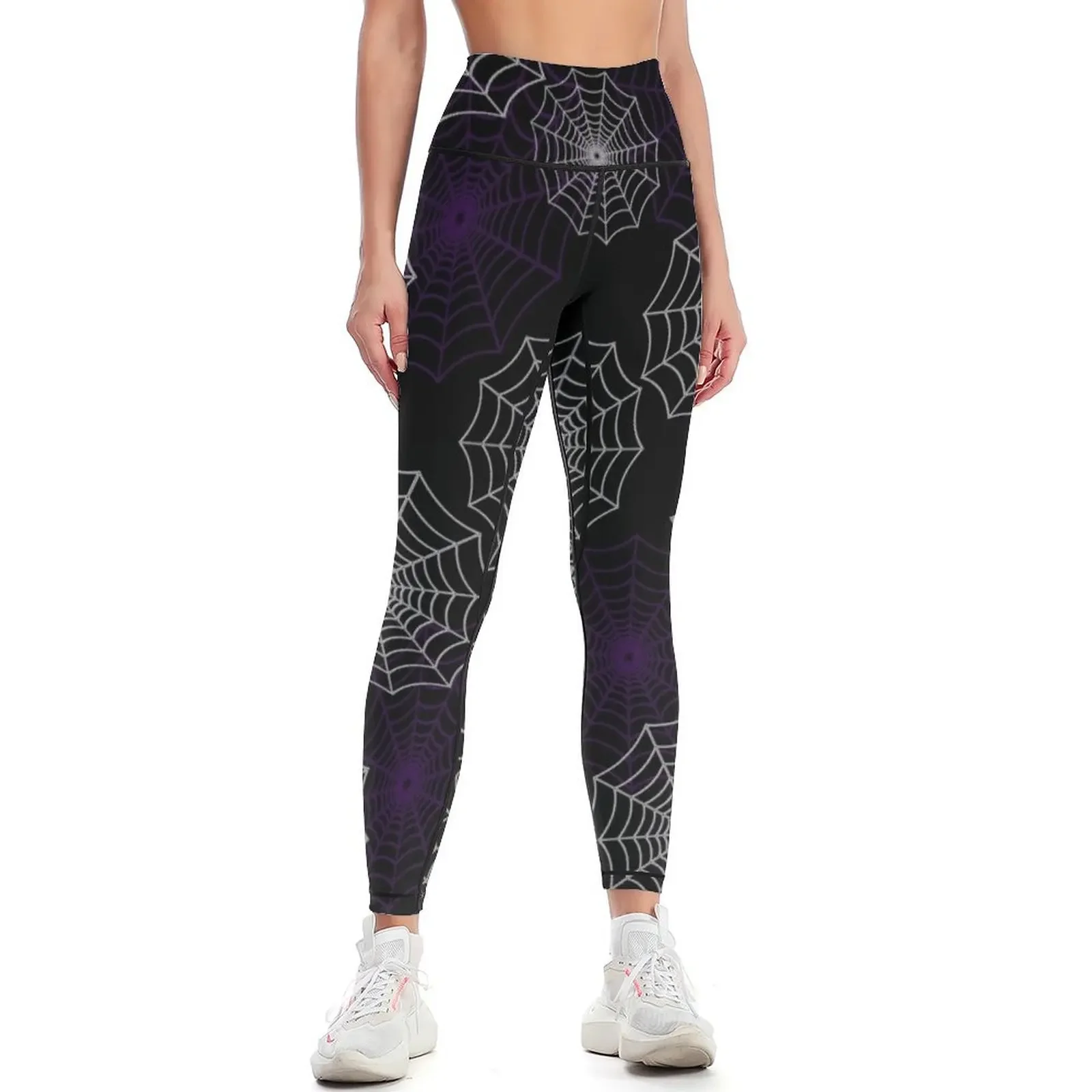 

Purple and White Spider Web Cobweb Silk Halloween Pattern on Dark Black Leggings Sweatpants sporty woman push up Womens Leggings