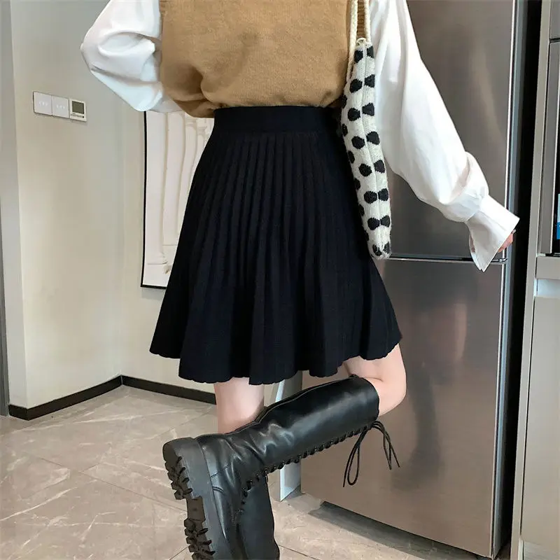 Female Casual Korean Pleated Solid Color Elastic Waist Pleated Skirt Autumn Winter Women Clothing Sweet Elasticity New Skirts