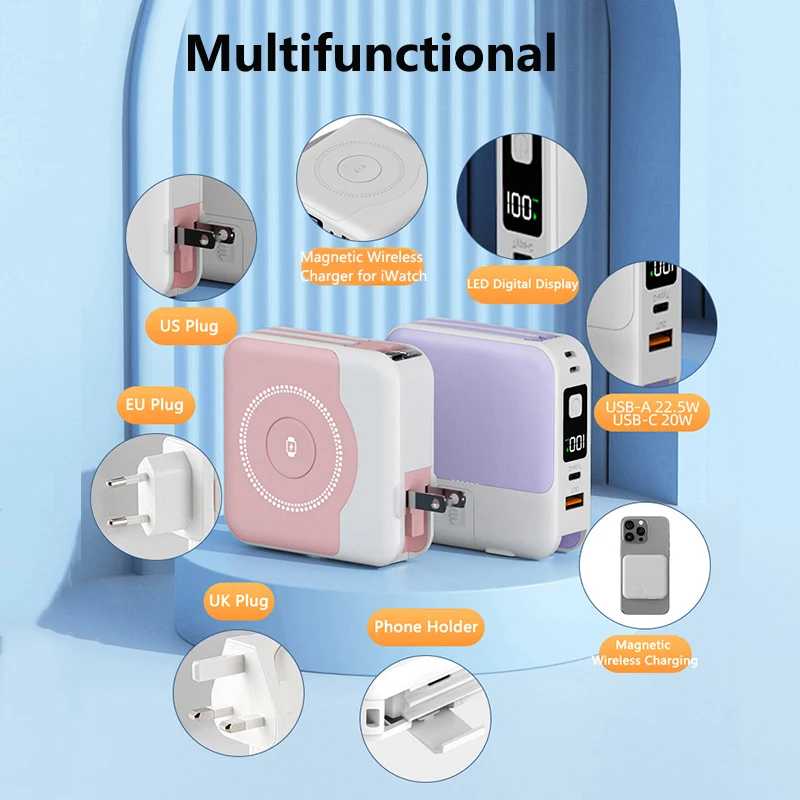 

6 in 1 Magnetic Wireless Power Bank 22.5W Fast Charging for iPhone 16 iWatch Airpods Travel Wall Charger Powerbank with AC Plug