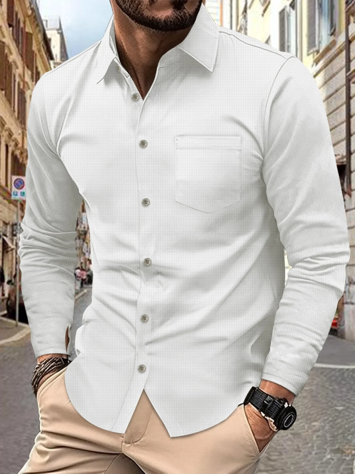 قميص رجالي عصري بأكمام طويلة ولون واحد، قماش وافل، مريح وفضفاض، يمتص الرطوبة، مناسب للخريف، بياقة قابلة للطي