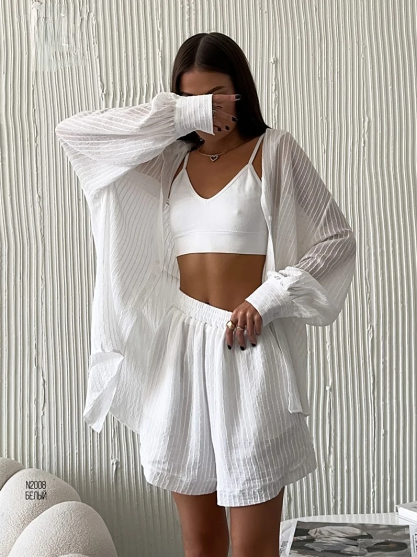 

Marthaqiqi Breathe Freely Women'S Pajamas Suit Long Sleeve Sleepwear Turn-Down Collar Nightwear High Waist Shorts Nightgowns Set