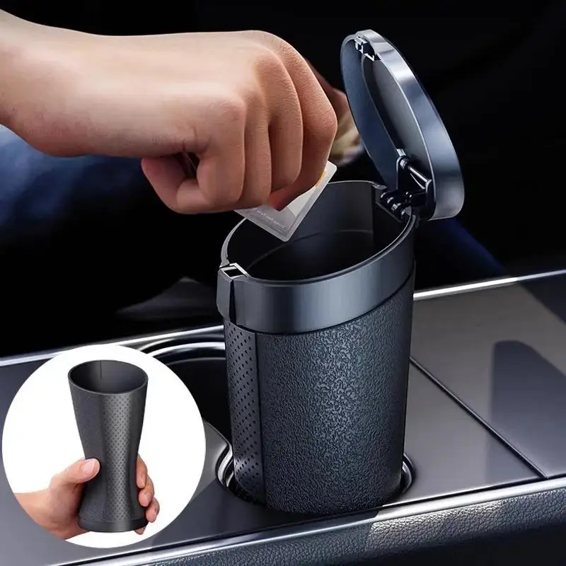 

Small Car Trash Can Bin with Lid Mini Vehicle Leakproof Garbage Can for Car Cup Holder&Side Door, with 2/3 rolls of garbage bags