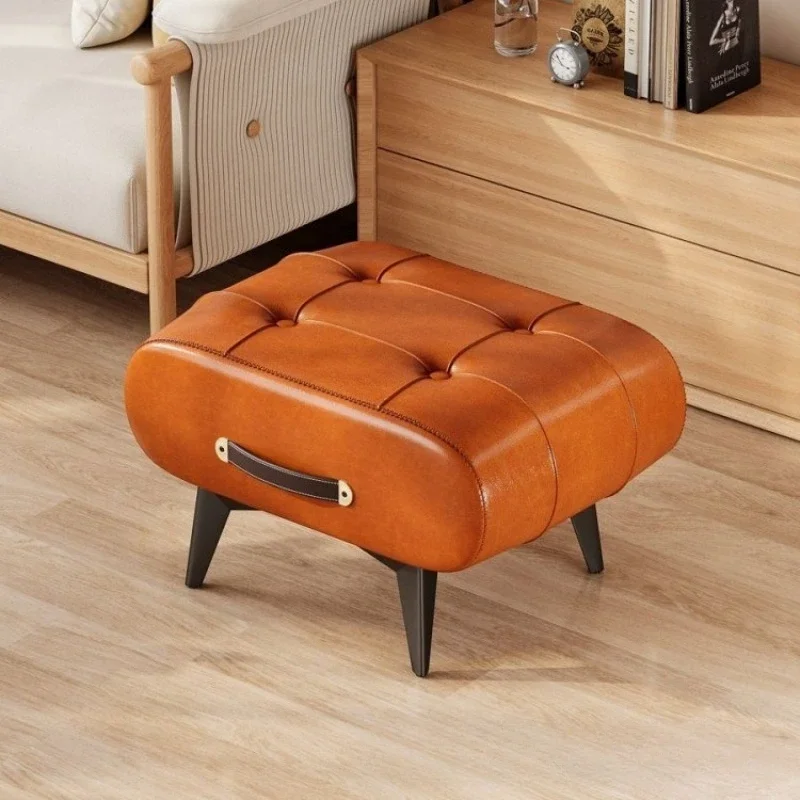 Solid Wood  Stool Ottoman with SoftNappaLeather PaddedSeat High Resilience FoamCushionforLiving Room Bedroom Home Office Seating