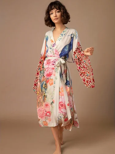 Kimono de playa para mujer, traje de baño con estampado de pavo real, vestidos envolventes con cinturón, trajes de baño junto al mar, ropa de playa