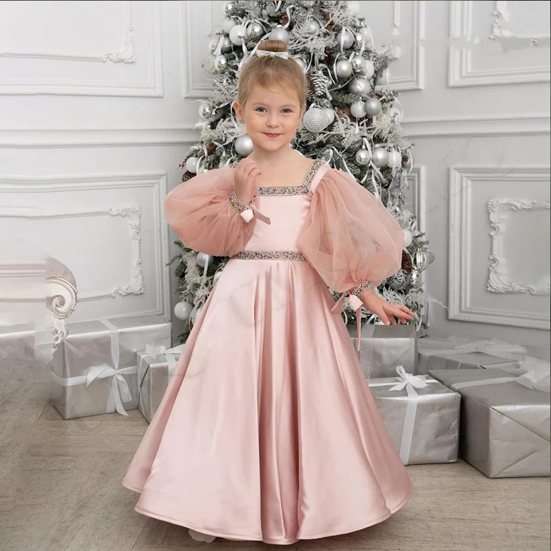 Baby First Communion Lovely Pink Satin Flower Girl Dress Birthday Wedding Party Dresses Costumes Drop Shipping