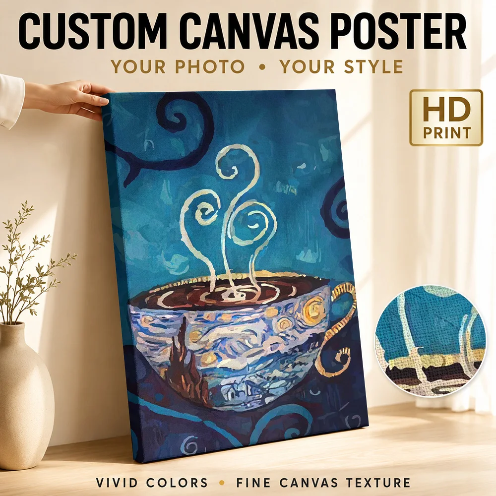 Coffee Cup With Swirling Steam Canvas Print Personalized Photo Expressive Painterly Composition Wall Art For Cafe Seating Area