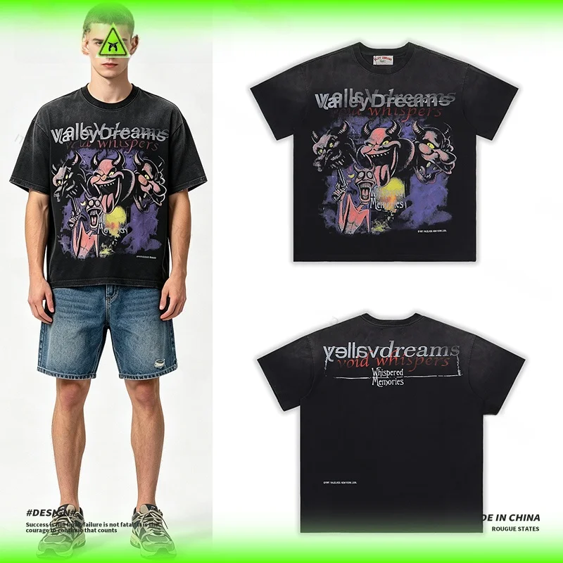Vale Forever Short Sleeve T-Shirt Loose Fit Distressed Devil Graffiti Vintage Wash Cotton Casual Wear for Teenagers And Adults
