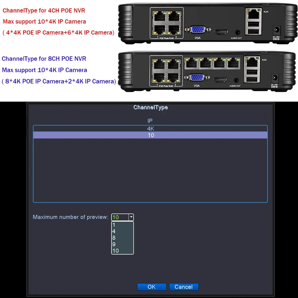 H.265 4CH 8CH 4K 8MP 5MP 1080P POE NVR الصوت خارج للأمن كاميرا مراقبة شبكة مسجل فيديو كشف الوجه Xmeye