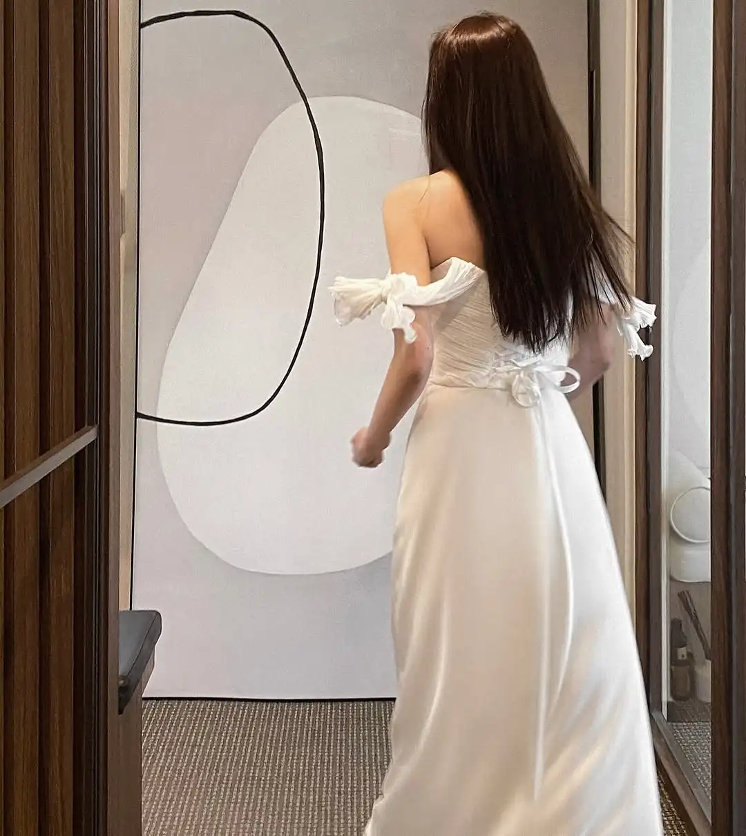 MODX Elegant Korea Sweetheart A-Line ชุดแต่งงานปิดไหล่โบว์จีบ เกาหลีถ่ายภาพที่กําหนดเองชุดเจ้าสาว