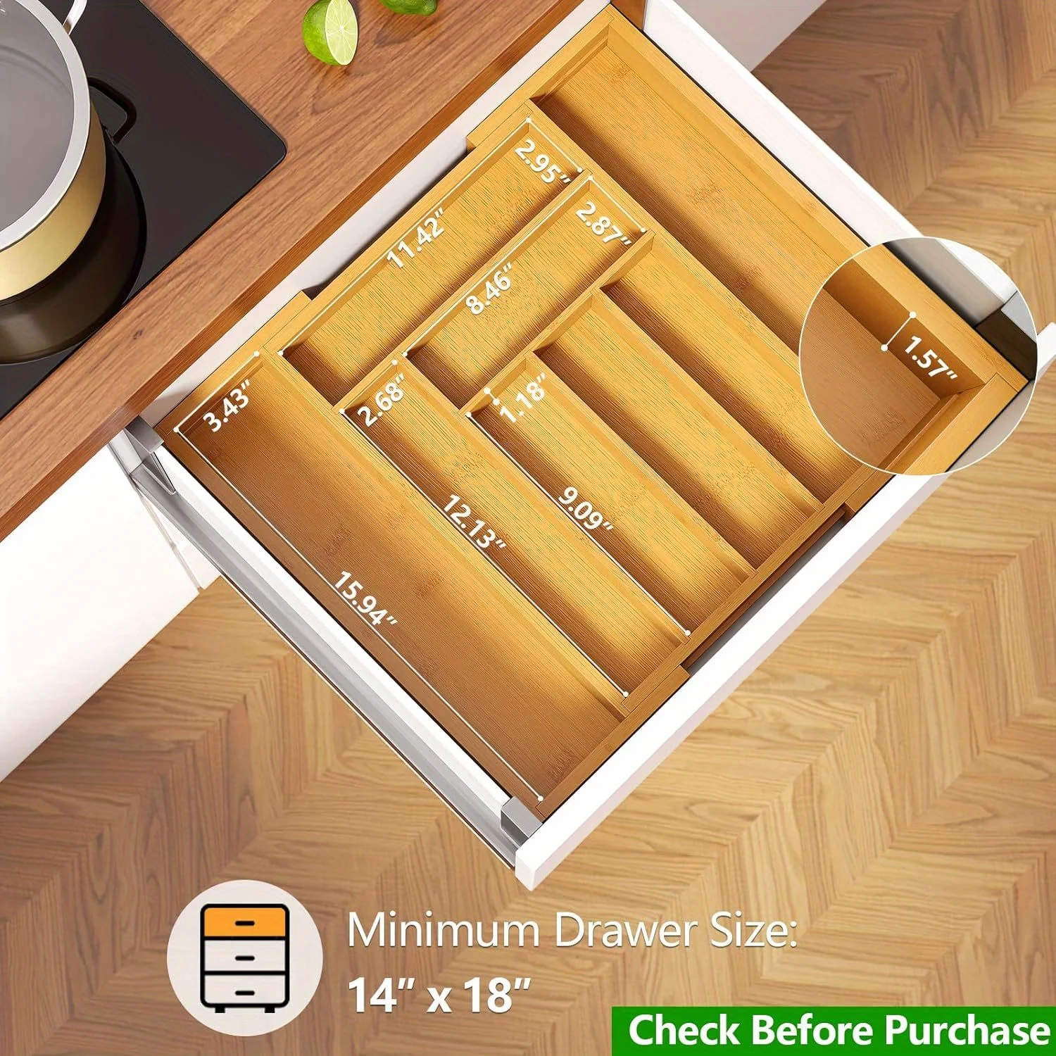 Picture 4: Versatile Bamboo Expandable Drawer Organizer for Cutlery, Adjustable Tray, Wooden Drawer Dividers for Organizing Silverware,