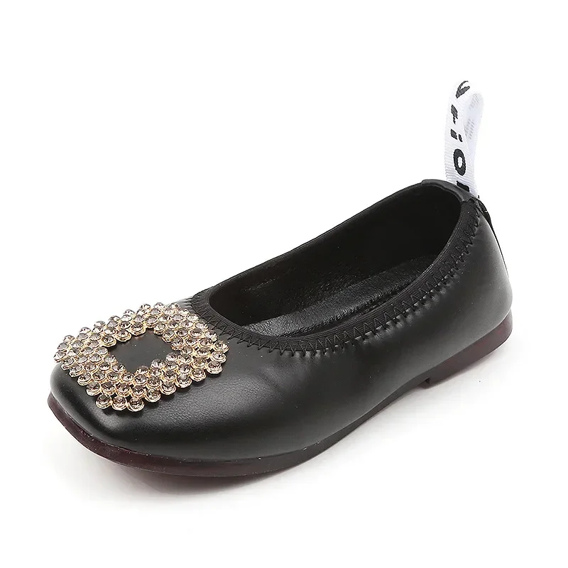 Size 21-35 Girls Loafers Soft Flexible Flat Shoes Children Slip-on Shoes Rhinestone Metal Charm Kids Princess Shoes For Girl