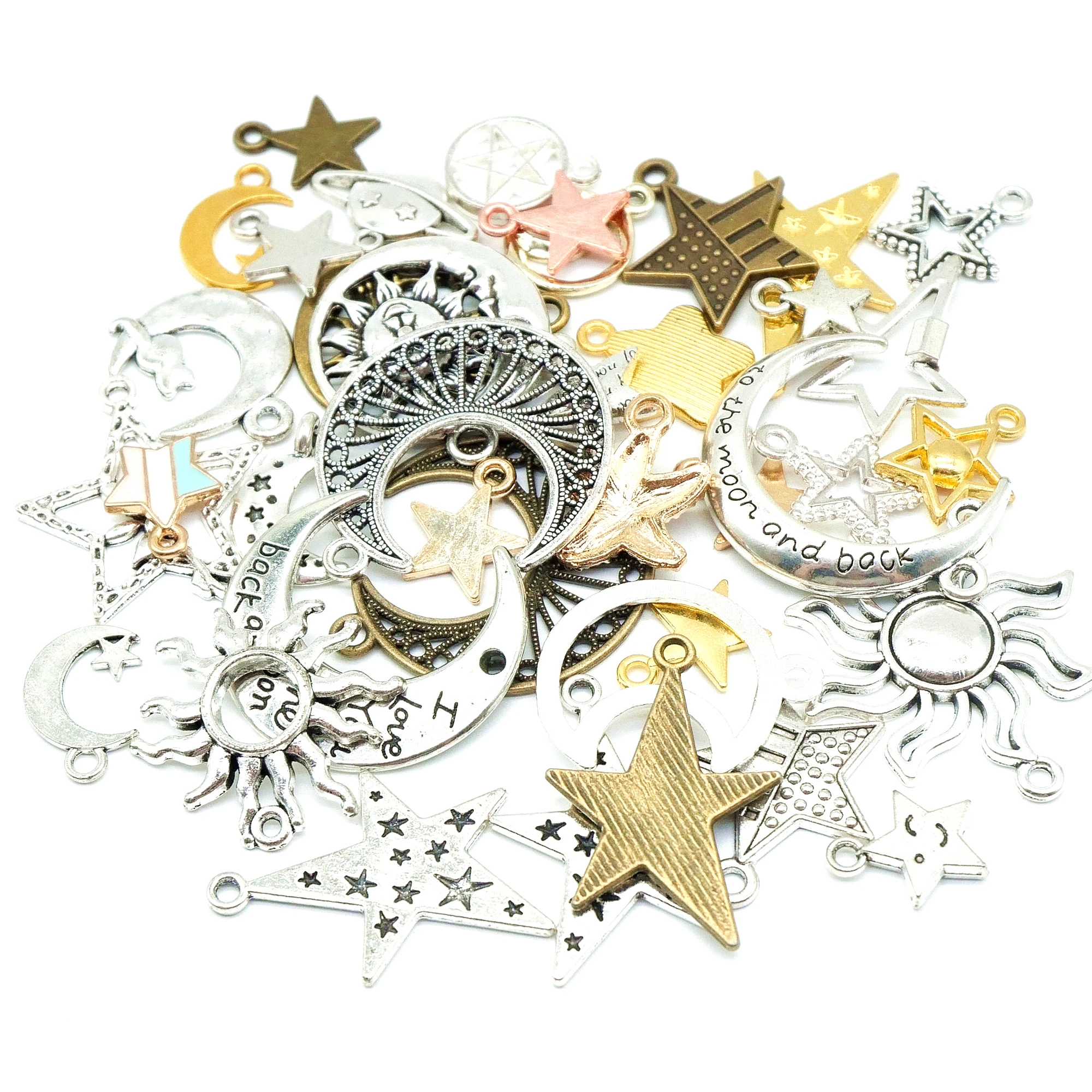 Mix 30pcs Charms Star Moon Sun Planet Mars Antique Silver Color Mixed Pendants DIY Making Findings Tibetan Handmade Jewelr