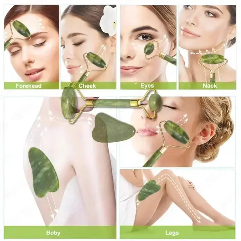 2 Piece Set of Double Head Facial Rollers & Gua Sha - Heart Shaped Scraper, Portable Body Massage Tool, Face Roller Set