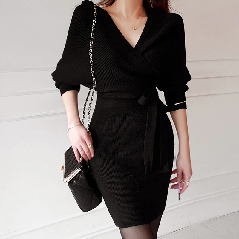 Knitted Lace-up Sexy V-neck Sheath Sweater Dress Autumn and Winter Socialite Slim fit Slimming Versatile Batwing Sleeve Dress