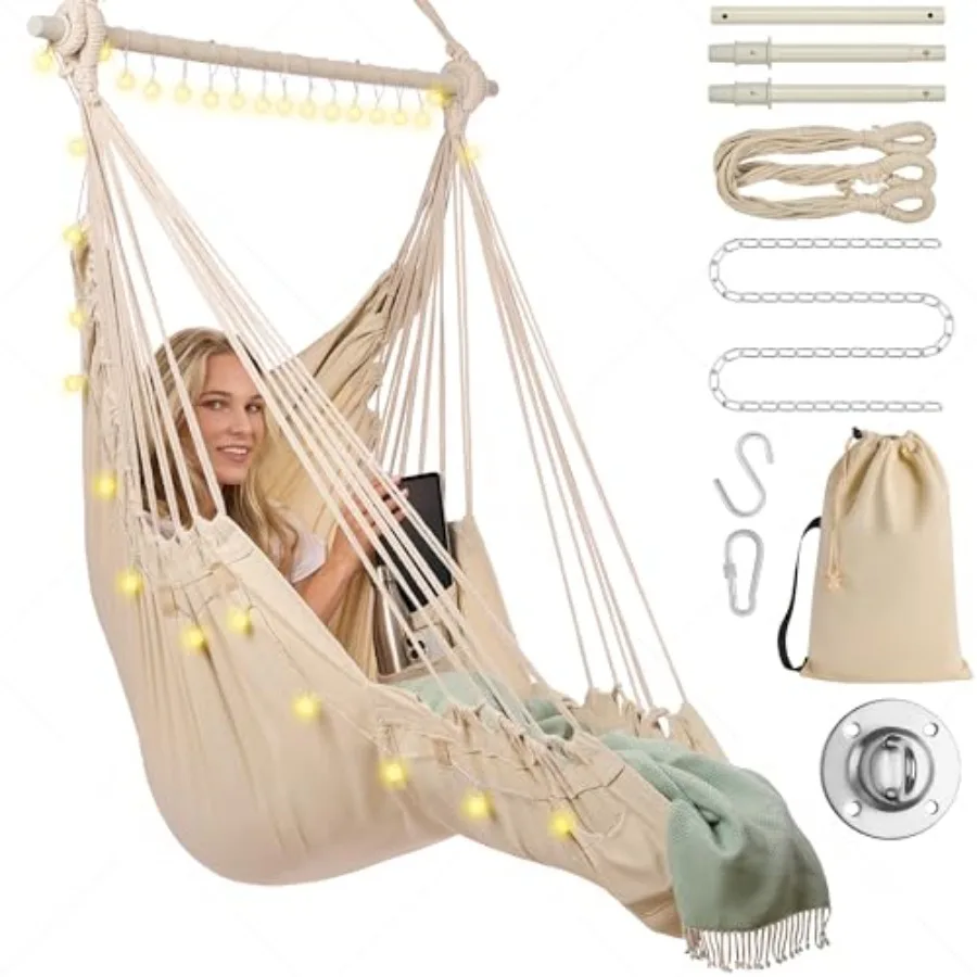 

Hammock Swing Chair Breathable Cotton Hanging Seat w/LED String Lights, 6 Pockets Hammock Chair Swing to Sit on or Lie in Full-