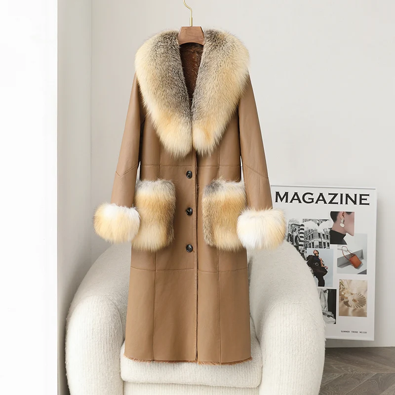 ZDFURS*Autumn and winter new Sheep Fur Coat Women's 2023 New Fox Fur Collar Slimming Winter Mid-Length  Real Fur Coat