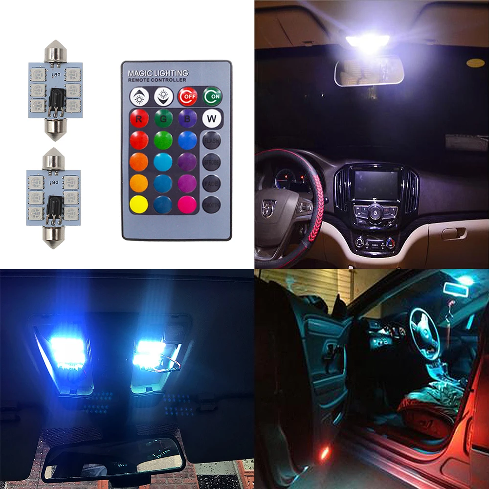 T10 RGB Car Led C5W 39mm 5050 6SMD 12V Festoon Dome Door Multi Color Light Remote Controller Colorful Lamp Roof Trunk Wedge Bulb