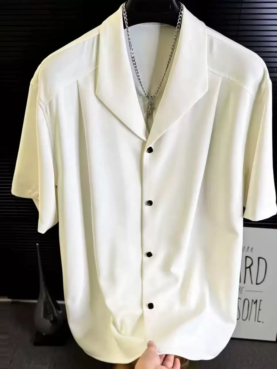 White Cuban Collar Ice Silk Shirt Short Sleeve Men's Style Premium Draping British Preppy Open Cardigan Summer Thin