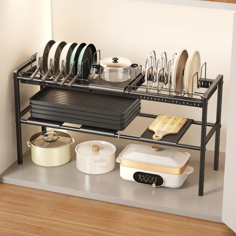 

Органайзер для кастрюль и сковородок под шкаф, расширяемый, двухуровневый, регулируемый по высоте, для хранения под раковиной, для крышек кастрюль и сковородок