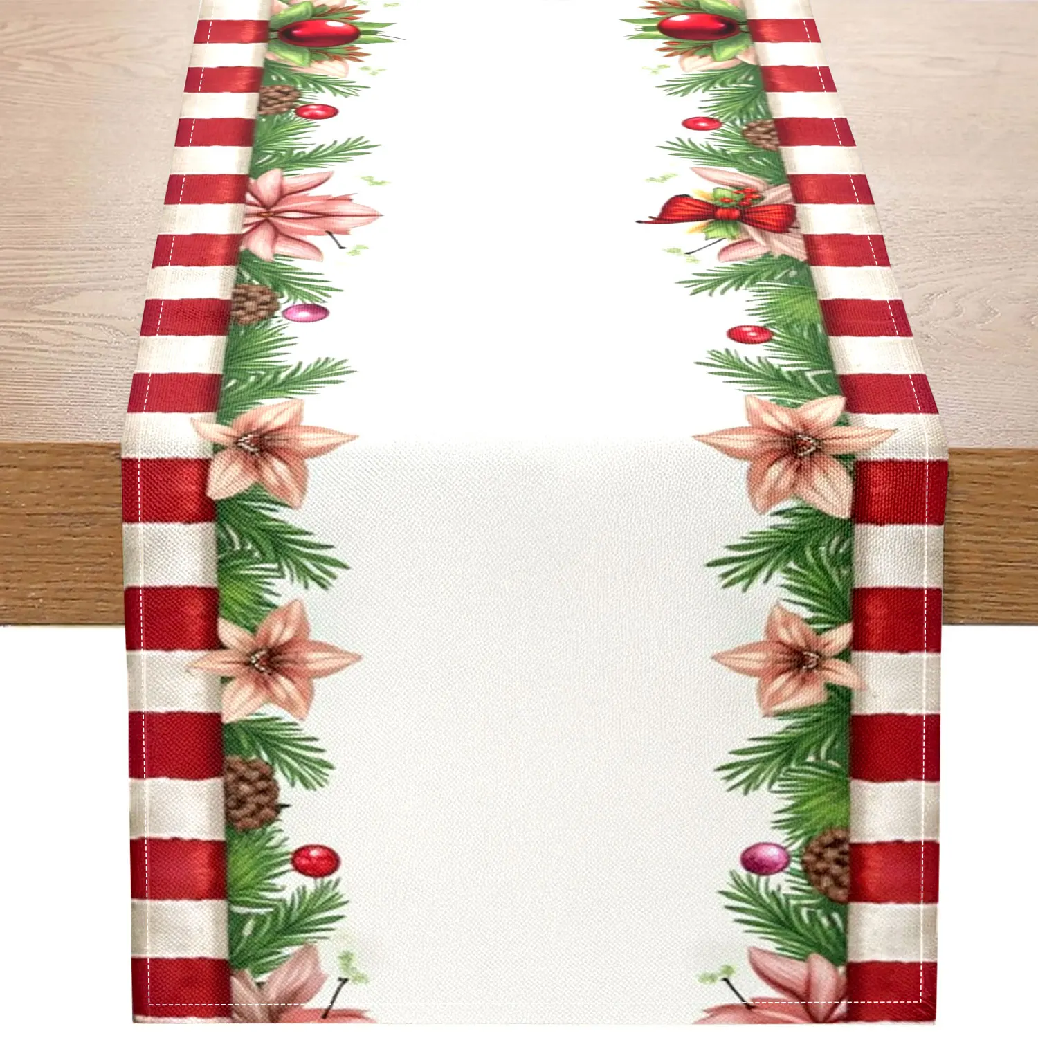 1 Piece of Christmas-Themed Table Runner, Decorated with Pine Branches, White Flowers, Etc., Suitable for Christmas Parties, Holiday Decorations, Etc