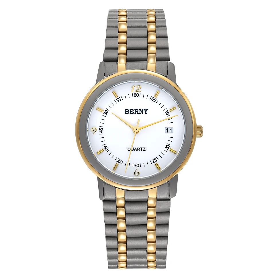 BERNY Titanium Watches for Men and Women 34mm Slim Lightweight Quartz Watch Gold Tone Small Dial Casual Waterproof Wristwatch