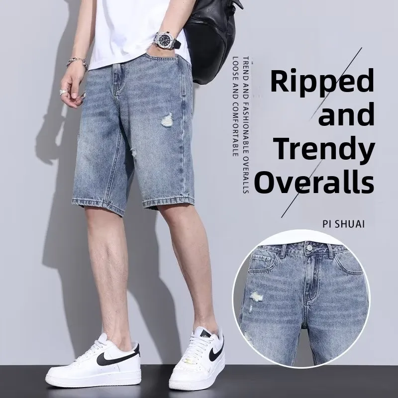 

Летние тонкие хлопковые джинсовые шорты мужские, модные брендовые, с прорезями, прямые, до колена, 2023, новый стиль, из чистого хлопка, средней длины