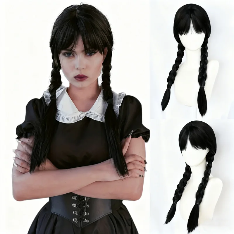 

Парик Среды ‌ Женский длинный черный плетеный синтетический парик с челкой, 2 плетеные хвостики для Хэллоуина, косплея, вечеринки и повседневного использования