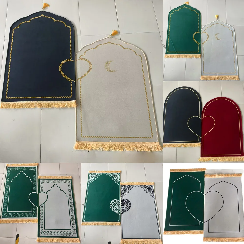 2PCS Couple Muslim Prayer Mat Set Thick Short Velvet Crystal Fleece Printed Carpet Tassel Wedding Ramadan Islamic Home Worship