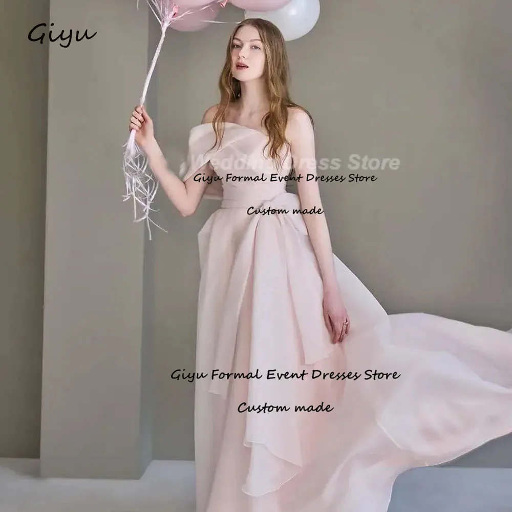 

Giyu Fairy Pink Strapless Wedding Dress Photo Shoot Bow Sleeveless A Line Bridal Gown Sweep Train Evening Gown Dress