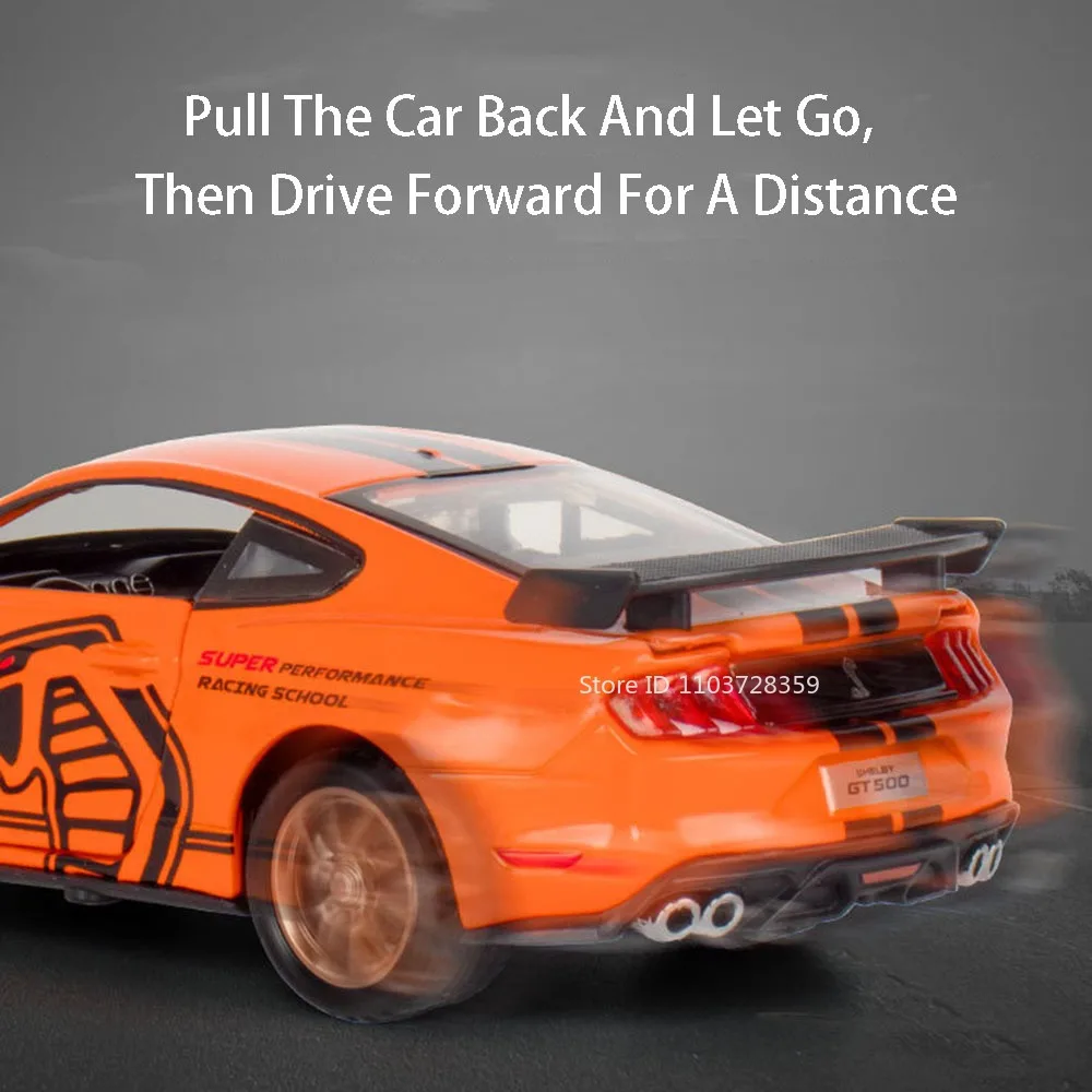 1:32 Giocattolo Modello Mustang Shelby GT500 Auto Pressofuso Suono Luce Porte Aperta Tirare Indietro Veicolo In Miniatura Giocattoli per I Regali Dei Bambini