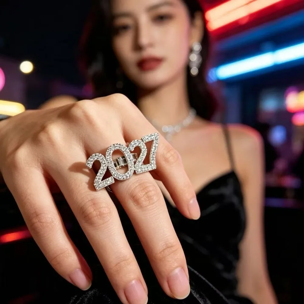 Light Luxury 2027 Number Open Ring Exaggerated Stylish Elegant Rhinestone Ring Simple Shiny 2027 Digital Finger Ring