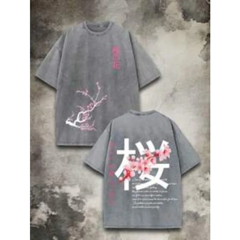Apanese Street Style T-Shirt Cherry Blossom Branc Y2K Street Style Wash Graphic T-Shirt | 100% Cotton Spring/Summer Staple