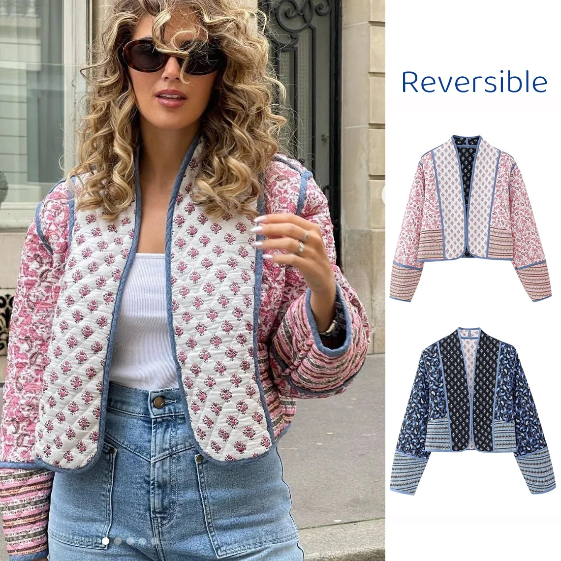 

Women's Floral Print Jacket Reversible Quilted Coat Long Sleeve Cashmere Cardigan Elegant Streetwear Autumn