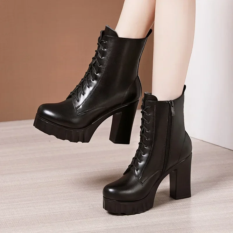 Small Size 32-43 Quality Soft Leather Shoes Woman Block High Heels Fall Winter 2024 Warm Plush Thick Platform Ankle Boots Mom