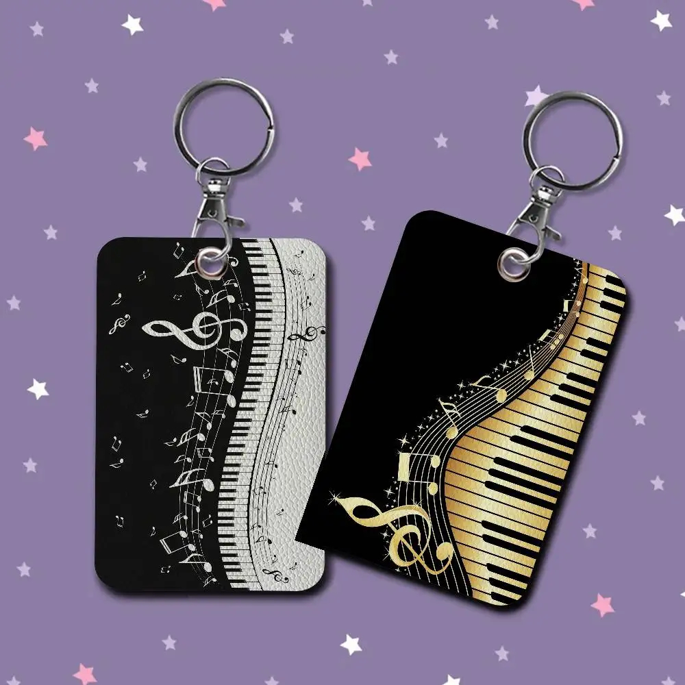 Vintage Cool Music Notes Piano Rectangle ID Card Case Keychain Access Card Bag Key Tag Ring Leather Card Holder Key Ring Access