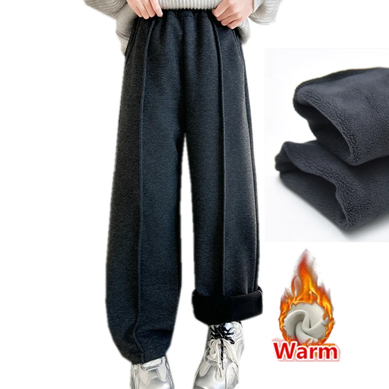 

School Girl Winter Warm Straight Cut Pants With Fleece Lined Trousers For Teenage Child Brief Thick Insulated Sweatpants For Kid