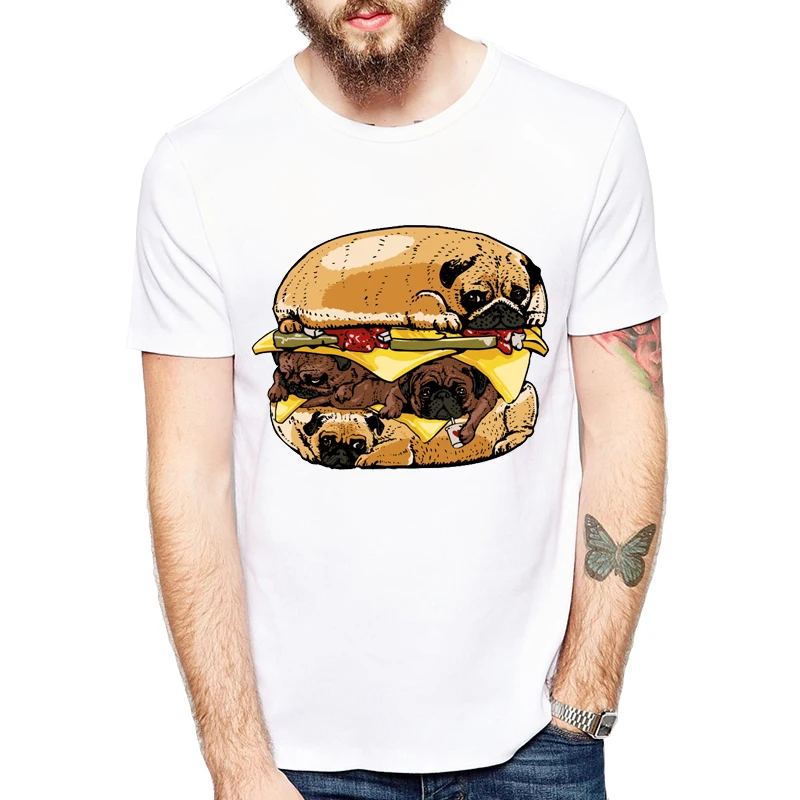 Pugs Beer&Burger design men t-shirt dogs cartoon printed funny tops short sleeve casual hipster cool tee shirts for men