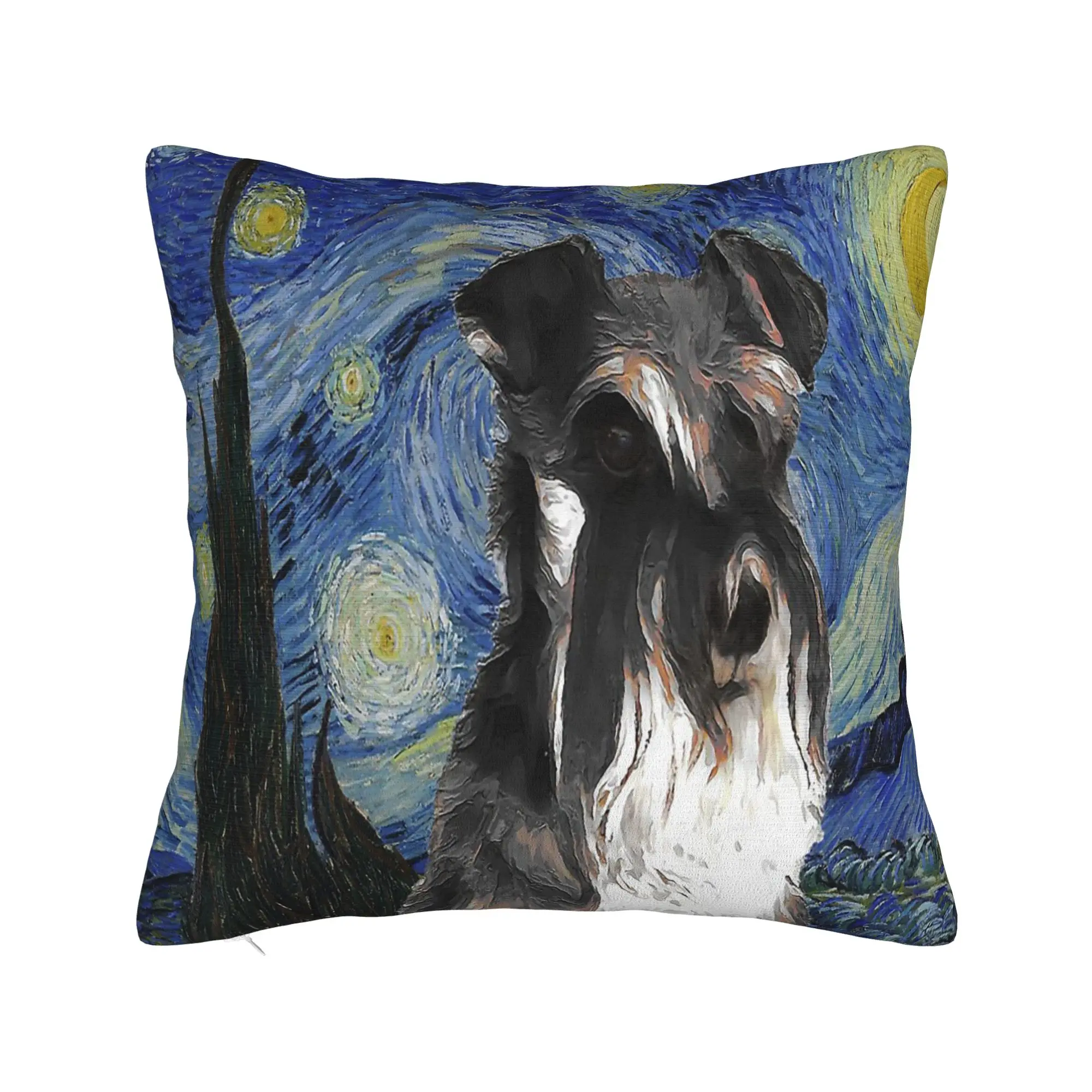 Mini Schnauzer Dog Van Gogh Starry Night Pillowcase Polyester Cushion Cover Decorations  Pillow Case Cover Sofa Square 45*45cm
