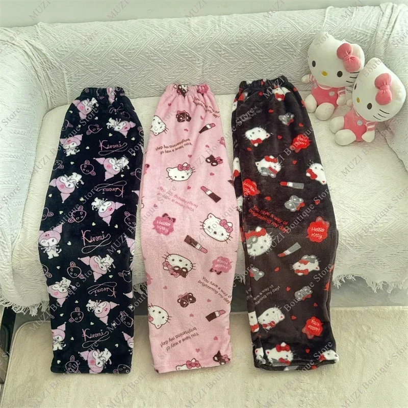 Sanrio Hello Kitty pantalones de pijama dibujos animados Kuromi mujeres felpa Coral terciopelo elástico suave pantalones cómodos niñas pantalones de casa regalos