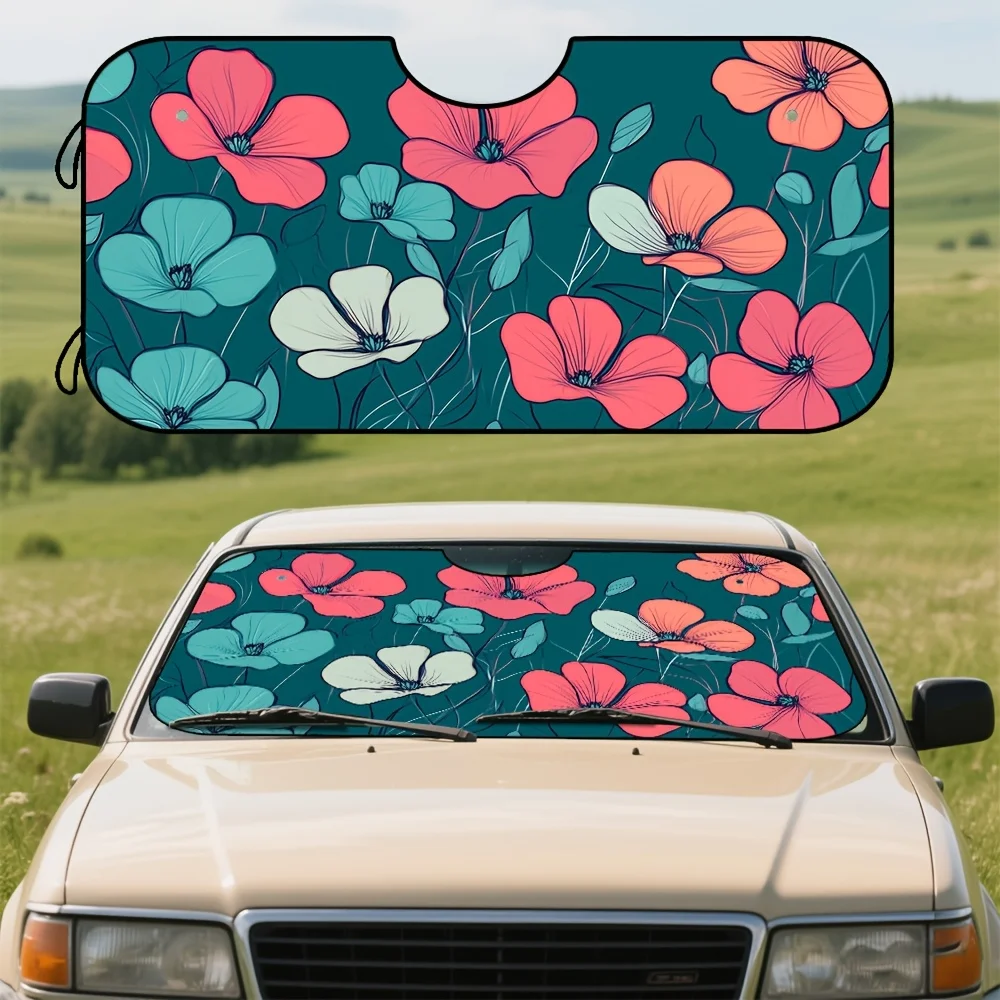 

1pc, Abstract Teal Floral Line Art Design Front Car Sun Visor With Universal Fit, Crafted From Quality Polyester, Ideal For Fami
