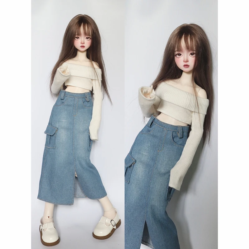 New (1/4 BJD Doll Clothes) Off Shoulder Sweater Knit Tops Split Denim Long Skirt Vintage Dress for 1/4 SD MSD Dolls Accessories