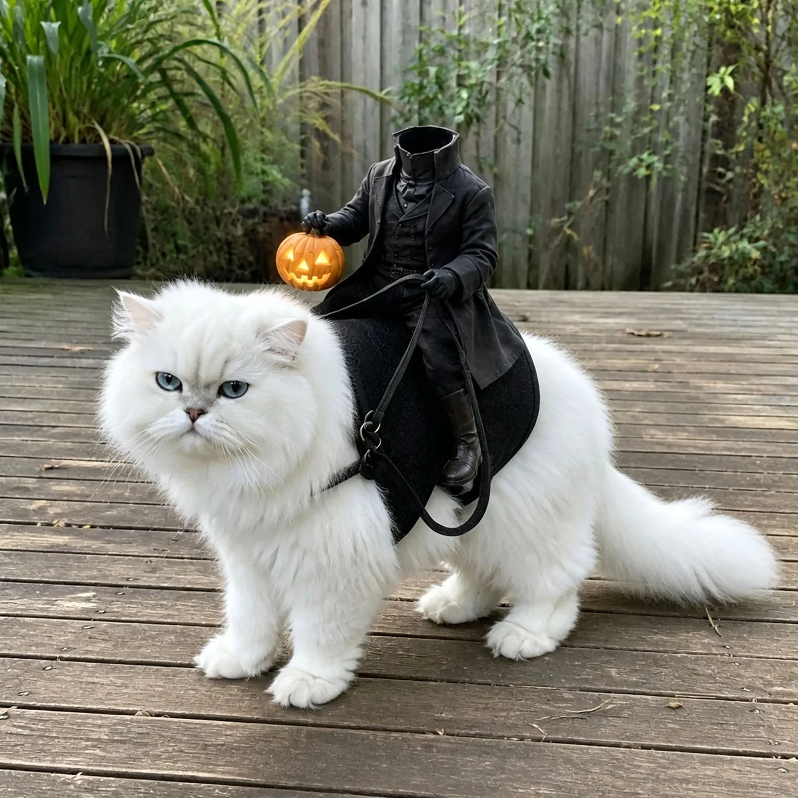 Headless Horseman Halloween Pet Outfit Funny Cat Riding Horse 3D Visual Effect Costume Party