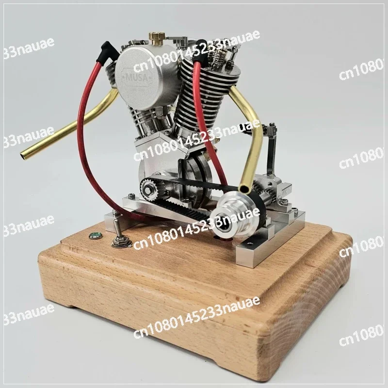 MUSA V2 Gasoline Engine Model Kit Can Start Metal 2 Cylinders 4 Stroke Engine with Wooden Base Science Educational Toy