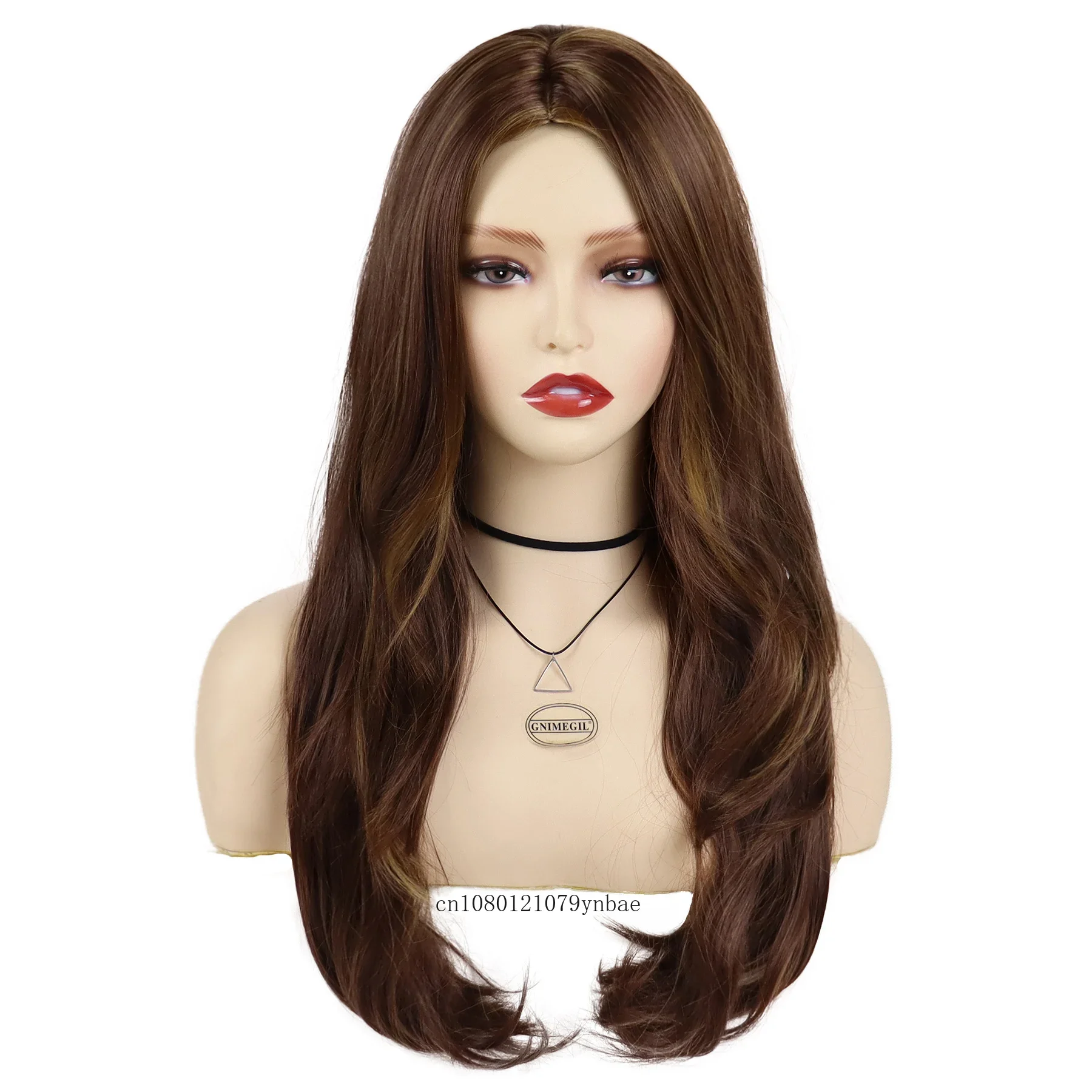 Long Straight Layered Synthetic Wig Natural Hair Middle Part Bangs Brown Wigs for Women Girls Daily Use Heat Resistant Fiber