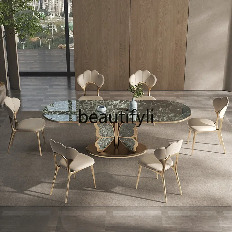 X Marble Dining Table and Chair Set Modern Simple Rectangular Villa Rock Slab Dining Table
