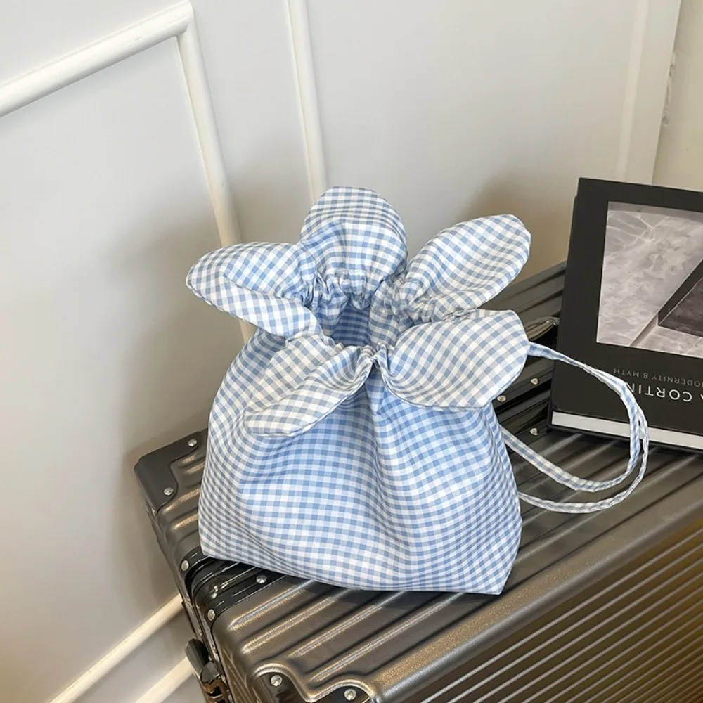 Литературная корейская стильная клетчатая сумка на шнурке, холст с цветочным принтом, большая вместительная сумка для хранения, маленькая сумка через плечо для девочек