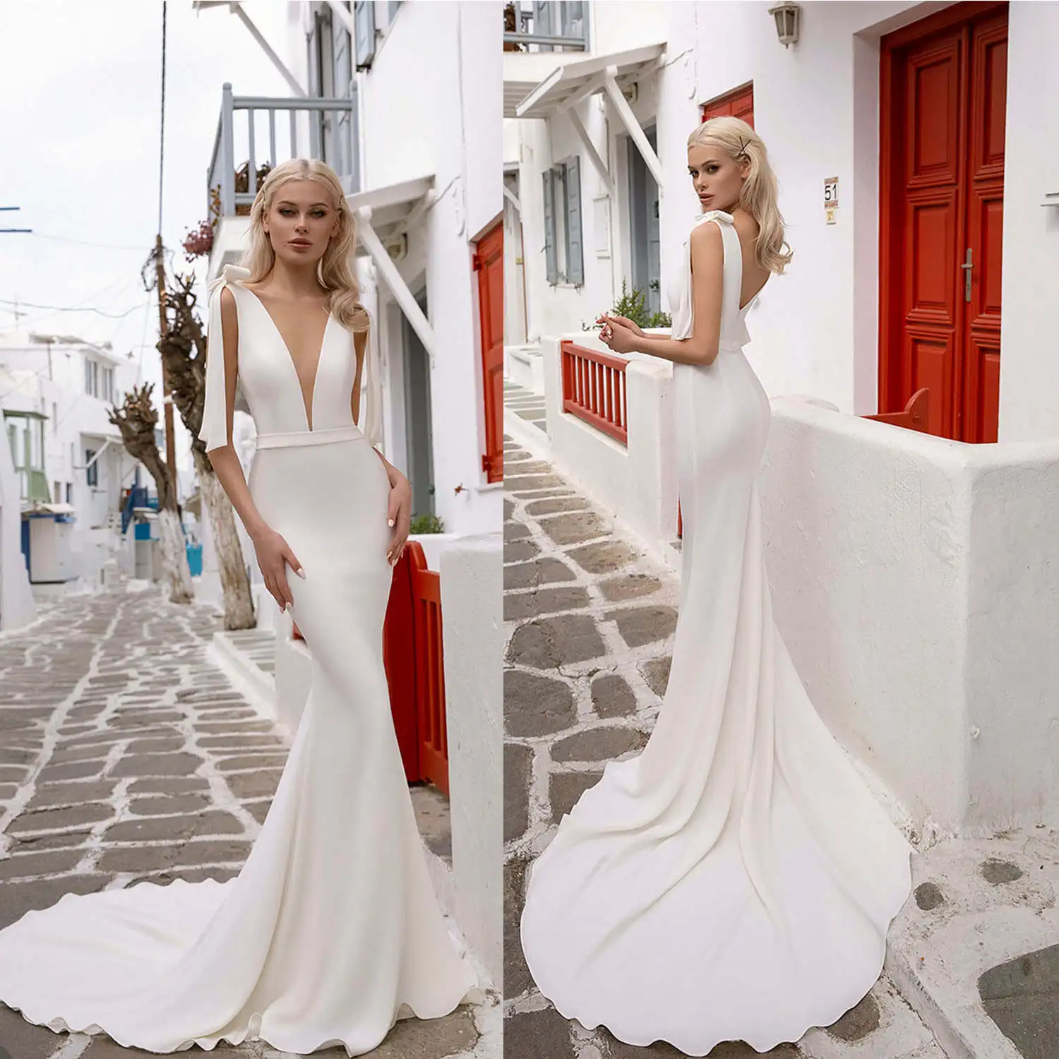 New Design Mermaid Wedding Dresses V-Neck Bow Sleeveless Backless Bridal Gown Sweep Train Vestido De Noiva Customized