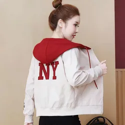 New Short Jacket 2024 Spring And Autumn Ladies Korean Embroidery Loose Joker Splicing Hooded Student Thin Jacket Outerwear Tops